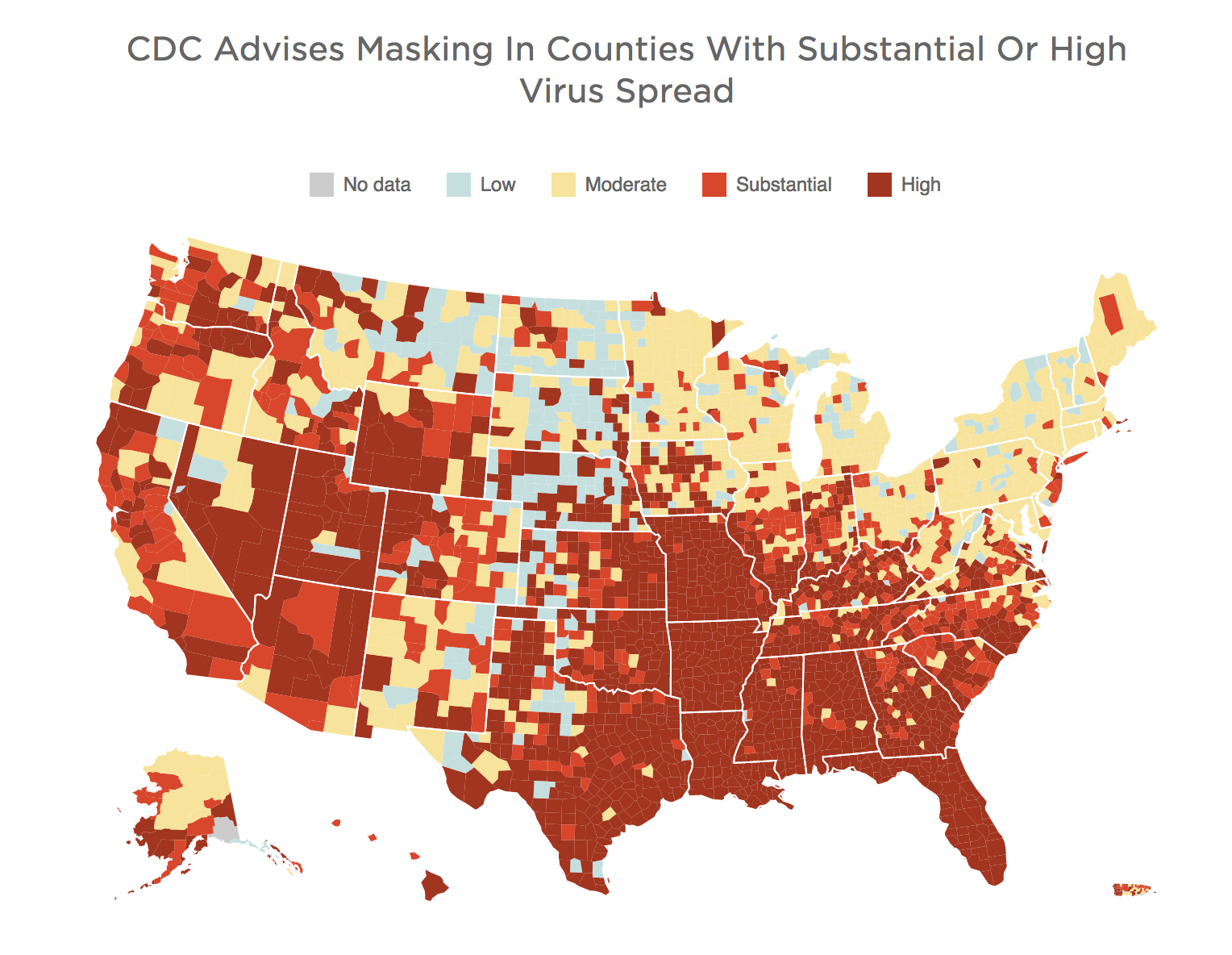 The CDC Covid hotspot map shows where vaccinated people should wear masks indoors