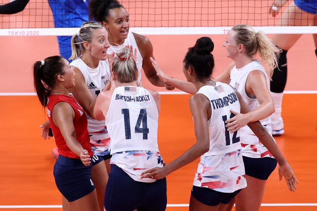 <p>Team United States celebrates against Team China during the Women's Preliminary - Pool B volleyball on day four of the Tokyo 2020 Olympic Games at Ariake Arena on July 27, 2021 in Tokyo, Japan. </p>