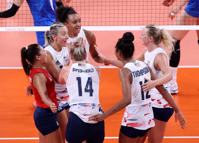 <p>Team United States celebrates against Team China during the Women's Preliminary - Pool B volleyball on day four of the Tokyo 2020 Olympic Games at Ariake Arena on July 27, 2021 in Tokyo, Japan. </p>