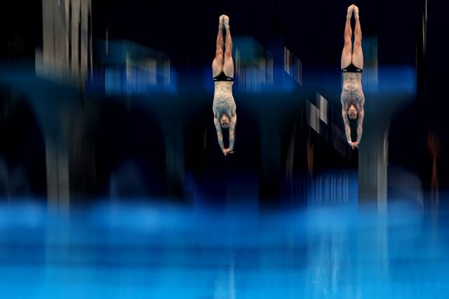 <p>Patrick Hausding and Lars Rudiger of Germany compete during the Men's Synchronised 3m Springboard final on day five of the Tokyo 2020 Olympic Games at Tokyo Aquatics Centre on July 28, 2021 in Tokyo, Japan</p>