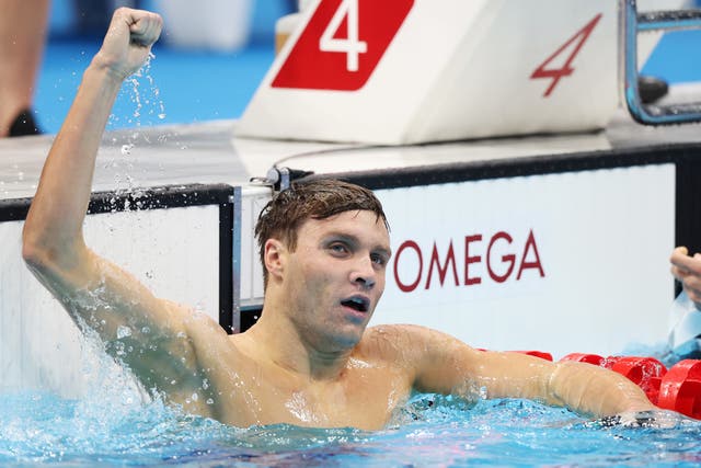 <p>Robert Finke of Team United States celebrates after winning the gold medal in the Men's 800m Freestyle Final on day six of the Tokyo 2020 Olympic Games at Tokyo Aquatics Centre on July 29, 2021 in Tokyo, Japan. </p>