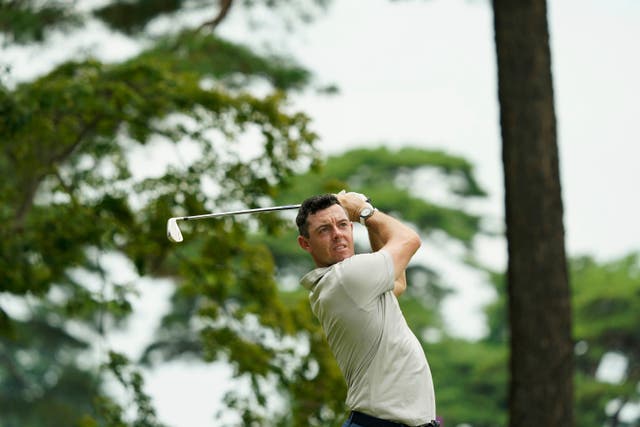 <p>Rory McIlroy in action on the 7th hole</p>