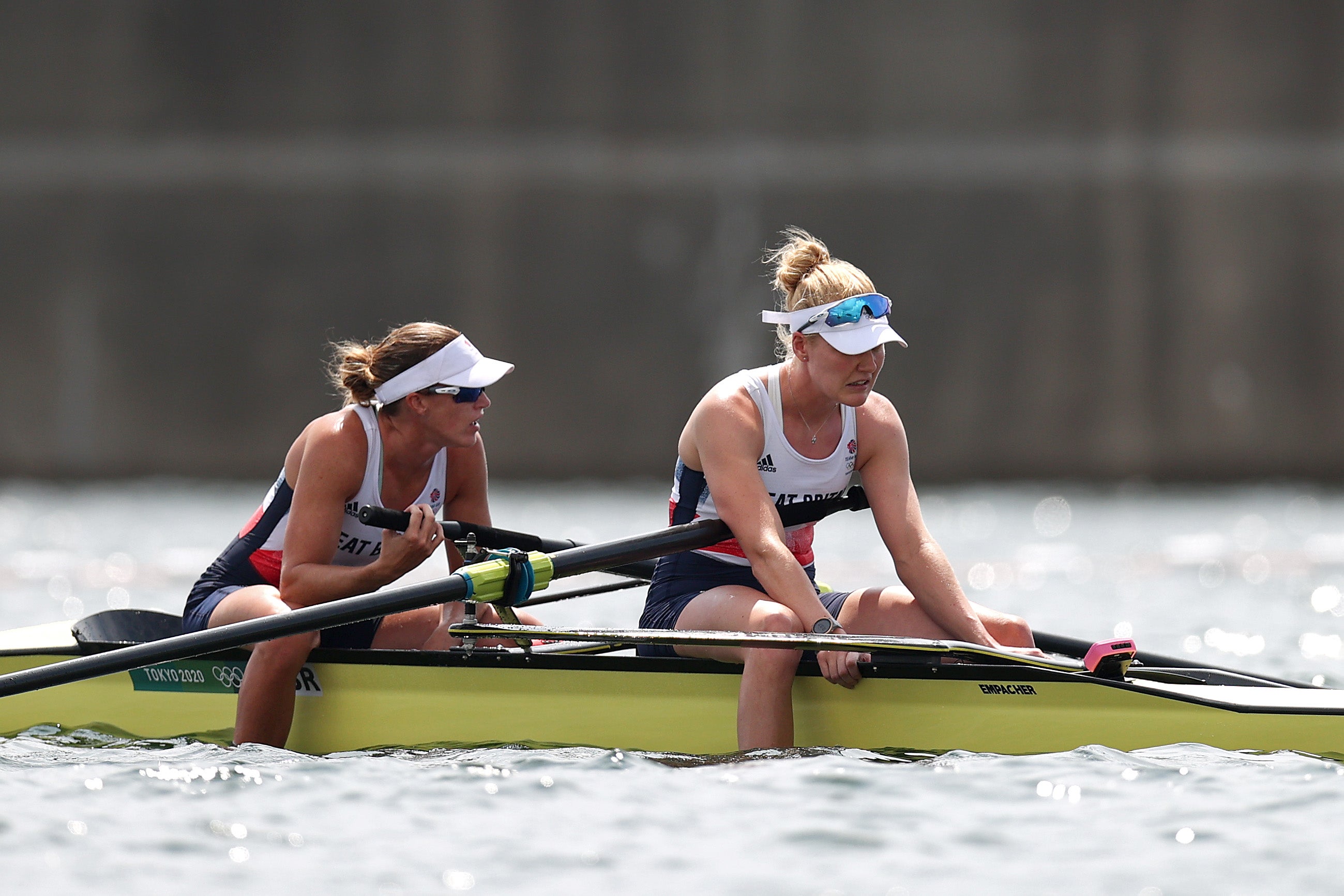 Helen Glover (left) and Polly Swann of Team GB react after coming in fourth in the women’s pair final