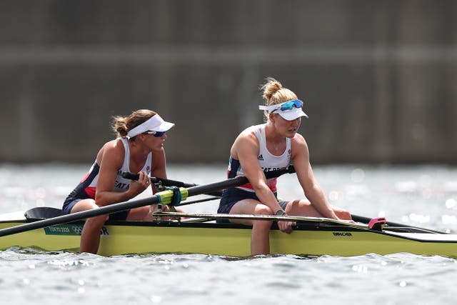 <p>Helen Glover (left) and Polly Swann of Team GB react after coming in fourth in the women’s pair final</p>