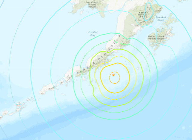 <p>USGS visualisation shows the intensity of the earthquake just off the coast of the Alaskan Peninsula </p>