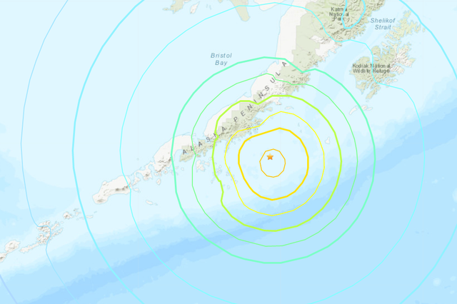 <p>USGS visualisation shows the intensity of the earthquake just off the coast of the Alaskan Peninsula </p>