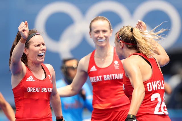 <p>Lily Owsley of Team Great Britain celebrates scoring the third goal with Laura Unsworth during the Women's Preliminary Pool A match between Great Britain and India on day five of the Tokyo 2020 Olympic Games</p>