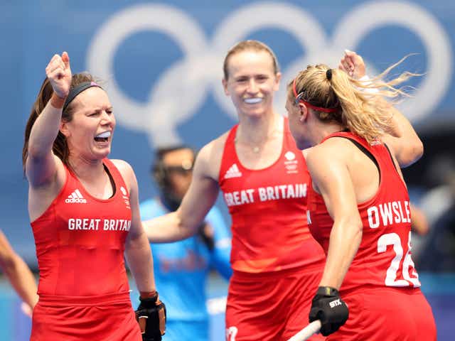<p>Lily Owsley of Team Great Britain celebrates scoring the third goal with Laura Unsworth during the Women's Preliminary Pool A match between Great Britain and India on day five of the Tokyo 2020 Olympic Games</p>