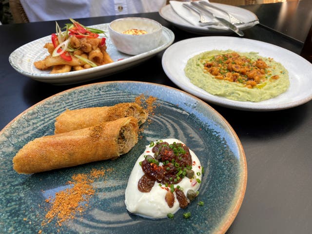 <p>Clockwise from bottom left: smoked lamb shoulder cigars; calamari fritti; and hummus</p>