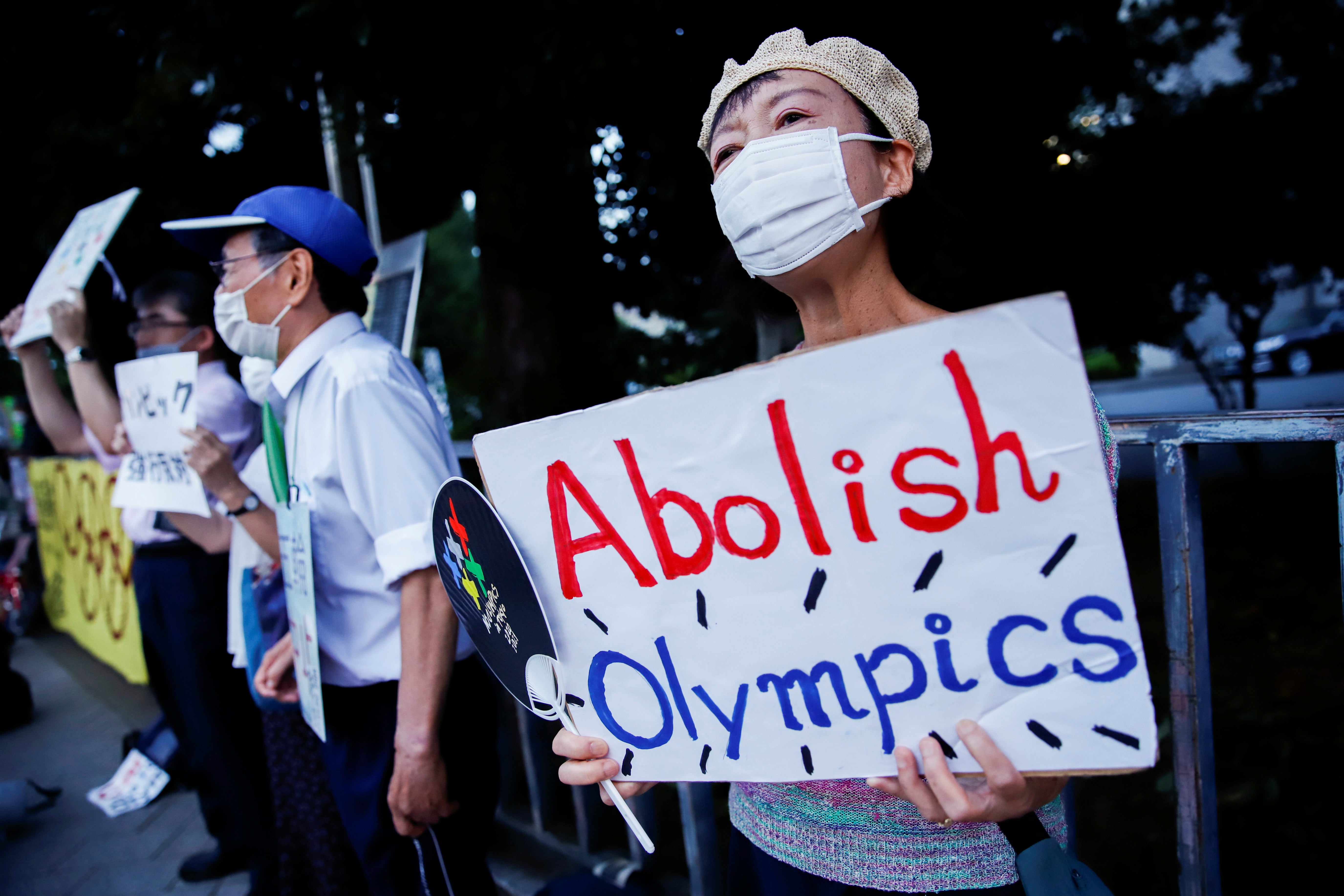 Anti-Olympic protesters gather outside Japanese prime minister Yoshihide Suga’s office