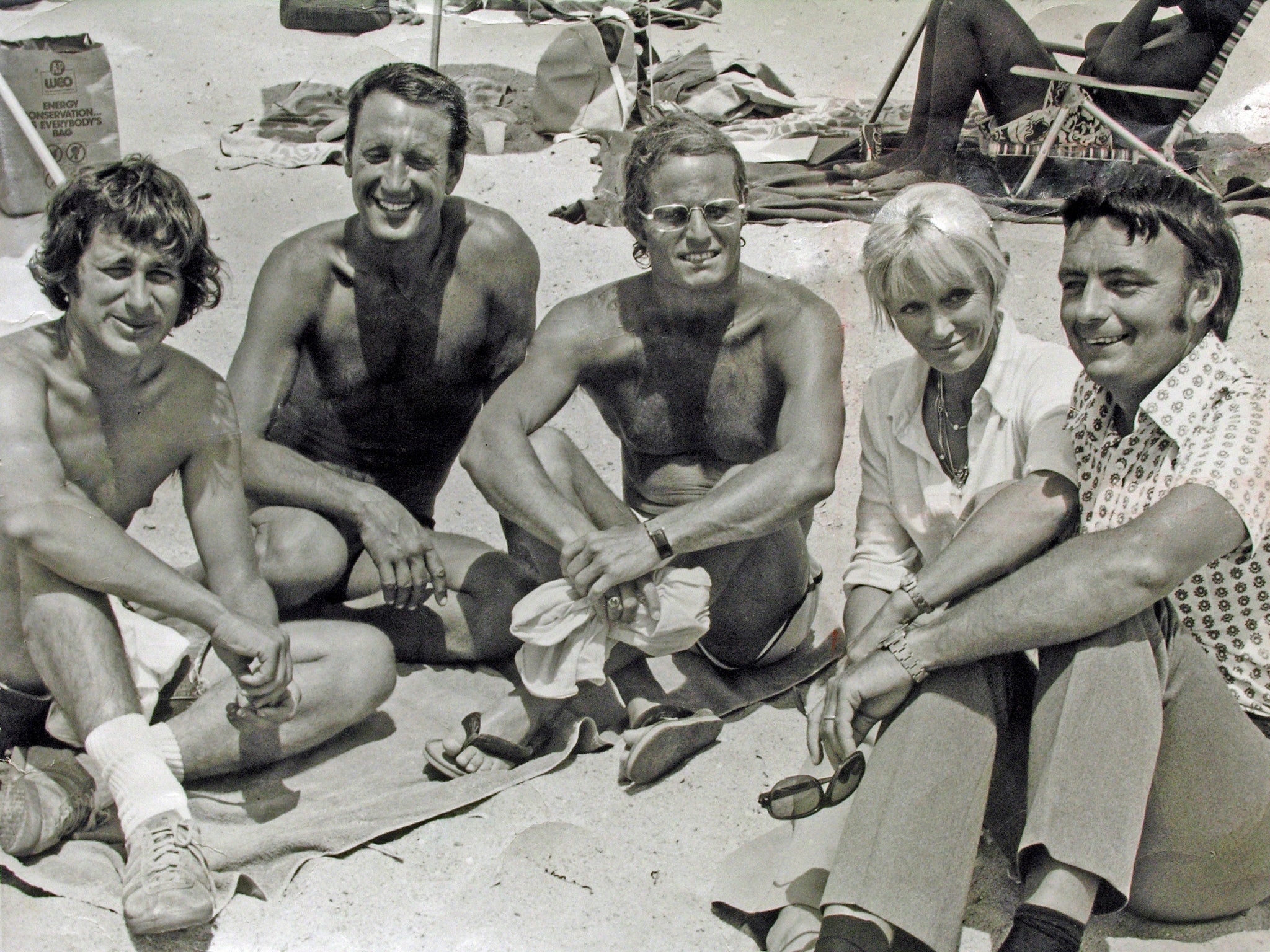 Valerie and Ron Taylor (far right) with Steven Spielberg (far left) and Roy Scheider (second left) during the filming of Jaws in 1974