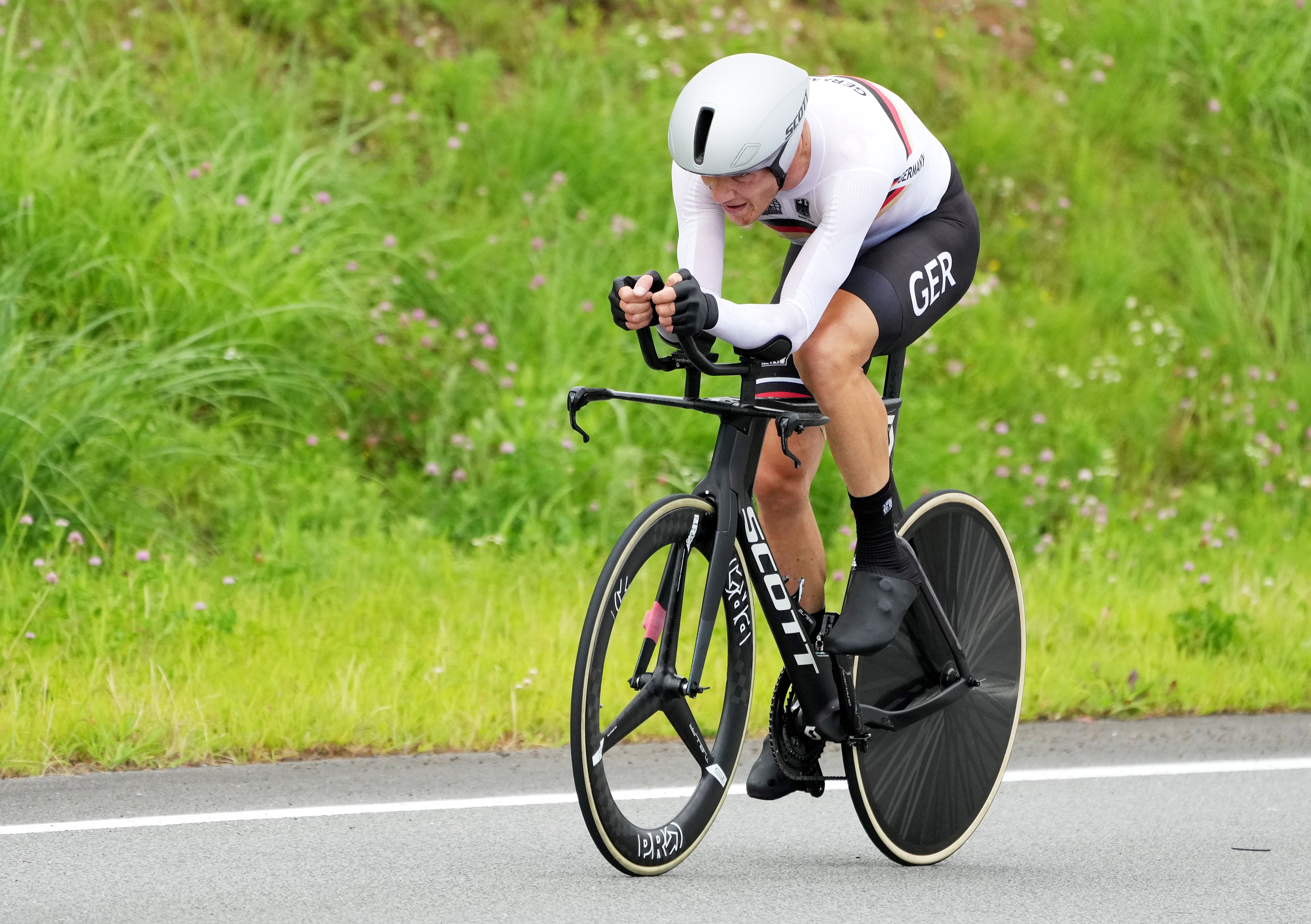 Nikias Arndt of Germany competes in the Men's Road Cycling Time Trial at the Tokyo 2020 Olympic Games at the Fuji International Speedway in Oyama, Japan