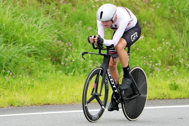 <p>Nikias Arndt of Germany competes in the Men's Road Cycling Time Trial at the Tokyo 2020 Olympic Games at the Fuji International Speedway in Oyama, Japan</p>