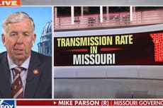 Missouri governor swears-off mask mandate as he appears on Fox News next to red alarm Covid map of state
