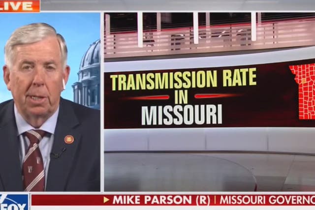 <p>Missouri Governor Mike Parsons says there will be no new mask mandates even though virtually his entire state has high transmission rates  </p>