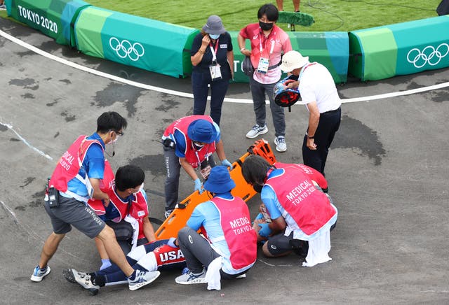 <p>Defending gold medallist Connor Fields is put on to a stretcher following a crash during the BMX men’s individual semi-final at the Tokyo Olympics</p>