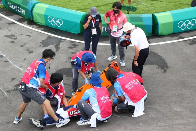 <p>Defending gold medallist Connor Fields is put on to a stretcher following a crash during the BMX men’s individual semi-final at the Tokyo Olympics</p>