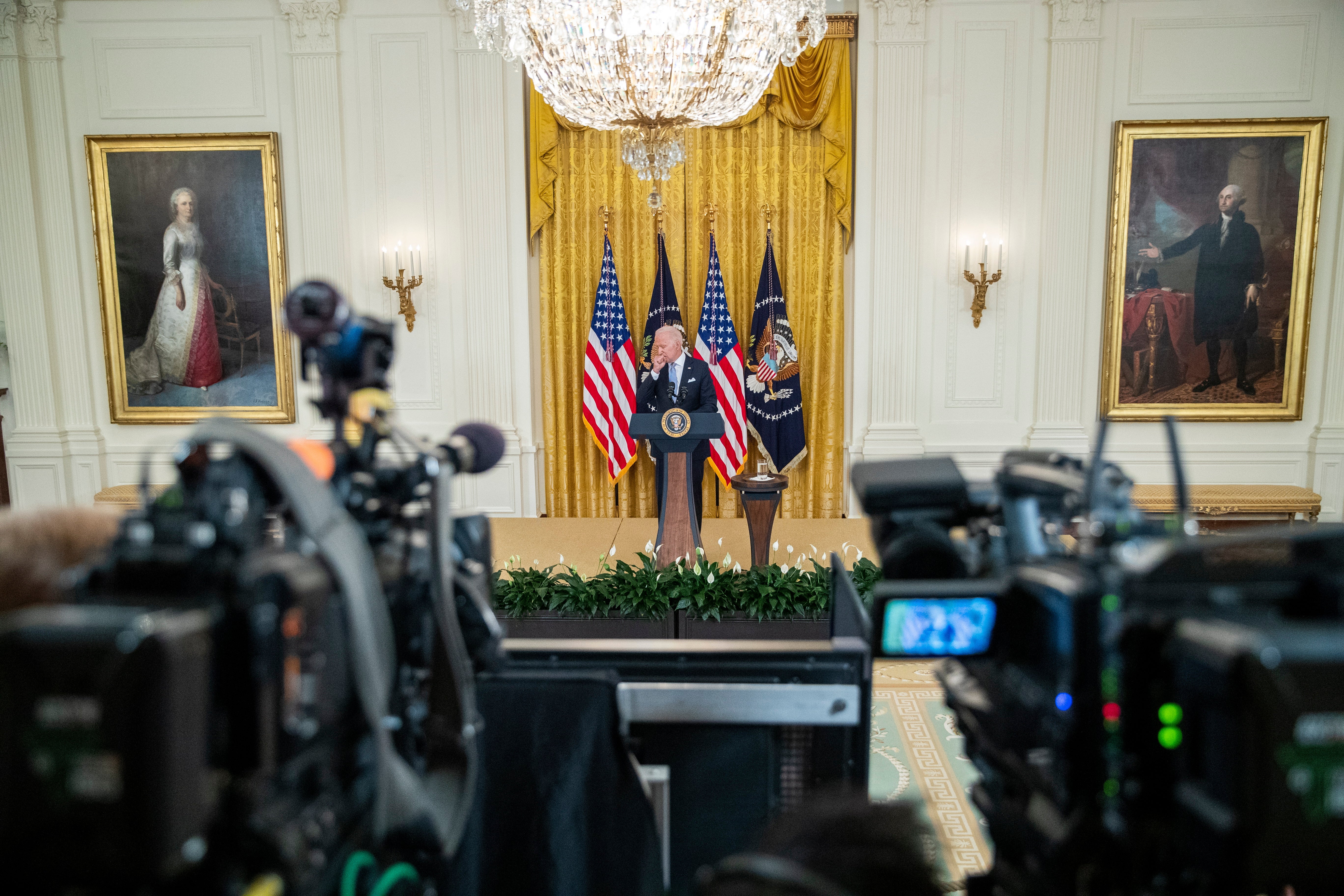 US President Joe Biden delivers remarks on the efforts to get more Americans vaccinated and the spread of the Delta variant in East Room of the White House in Washington, DC, USA, 29 July 2021