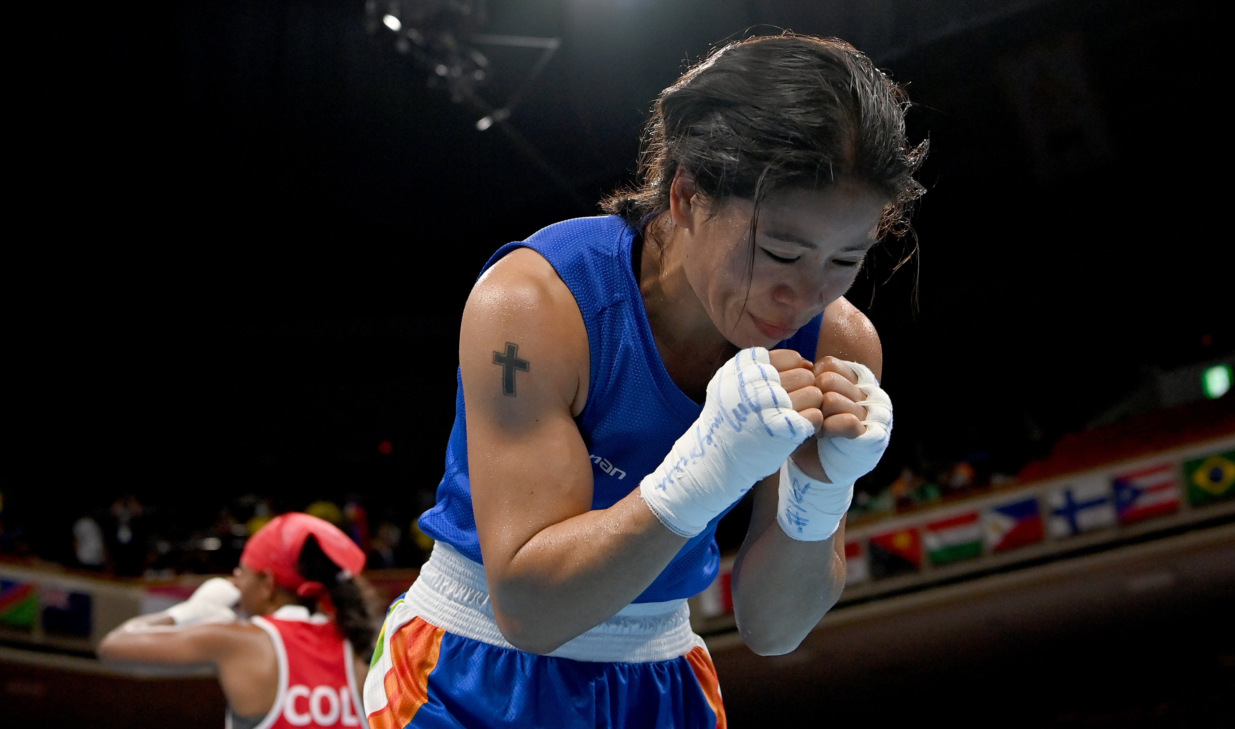 <p>Mary Kom during the Women’s Flyweight Round (48-51kg) on day six of the Tokyo 2020 Olympic Games</p>