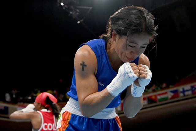<p>Mary Kom during the Women’s Flyweight Round (48-51kg) on day six of the Tokyo 2020 Olympic Games</p>