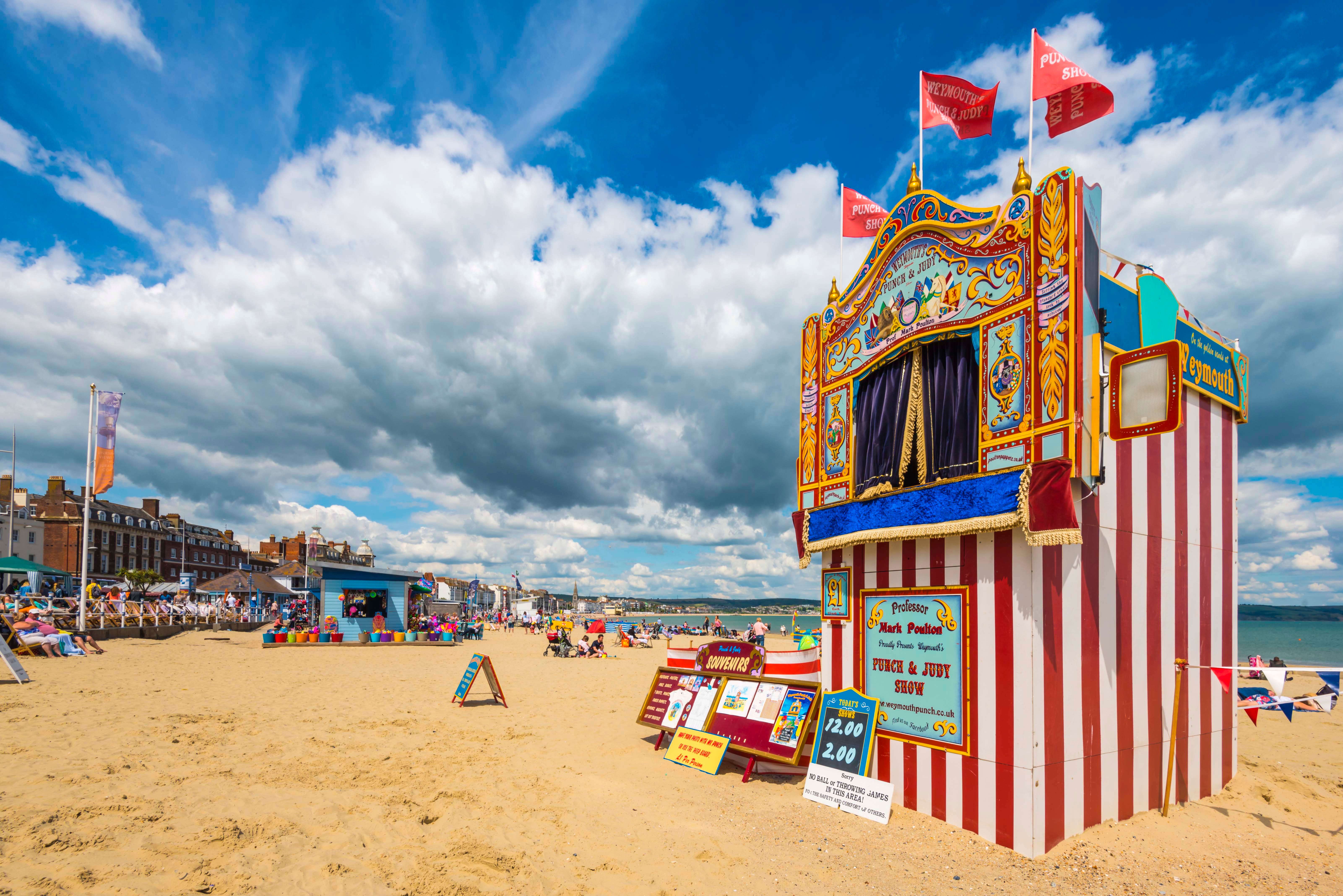 The beach features Punch & Judy shows