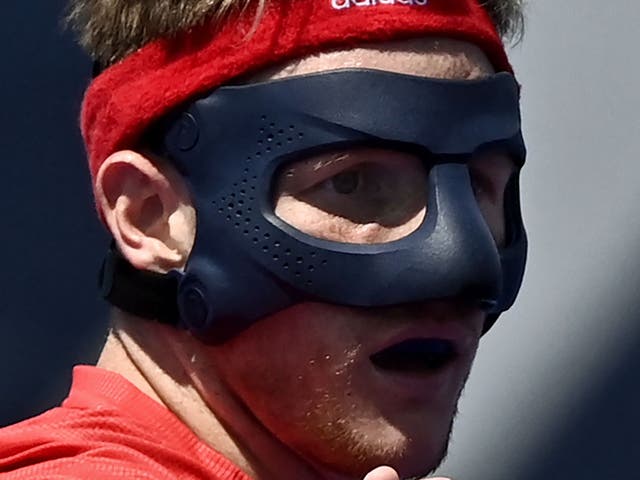 <p>Sam Ward’s padded face mask, worn to shield his eyes after suffering brutal injury in November 2019 Olympic qualifier against Malaysia</p>