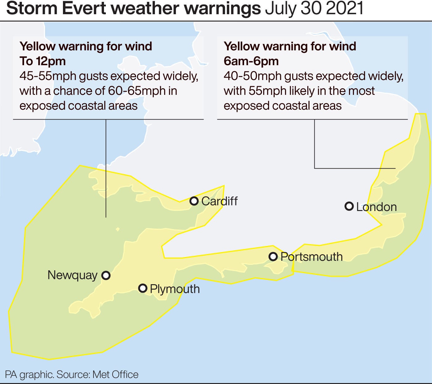 The storm is expected to move eastwards from the Cornwall area