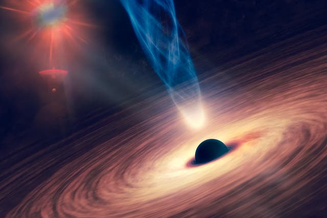<p> An artist’s rendering of a black hole with nebula over colourful stars and cloud fields in outer space</p>