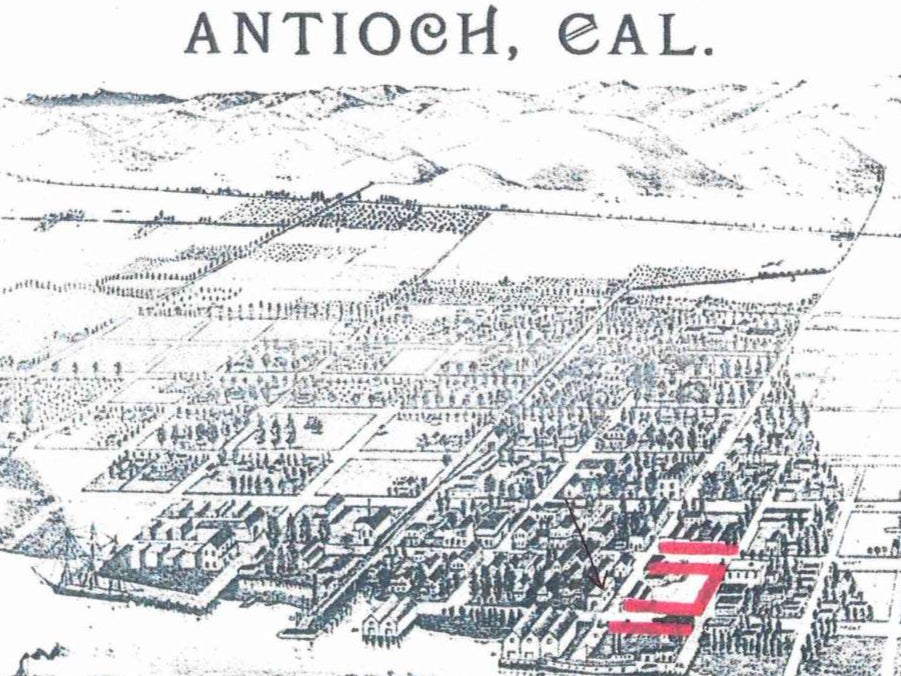 A map of Antioch, California, showing the Chinatown in the 1800s