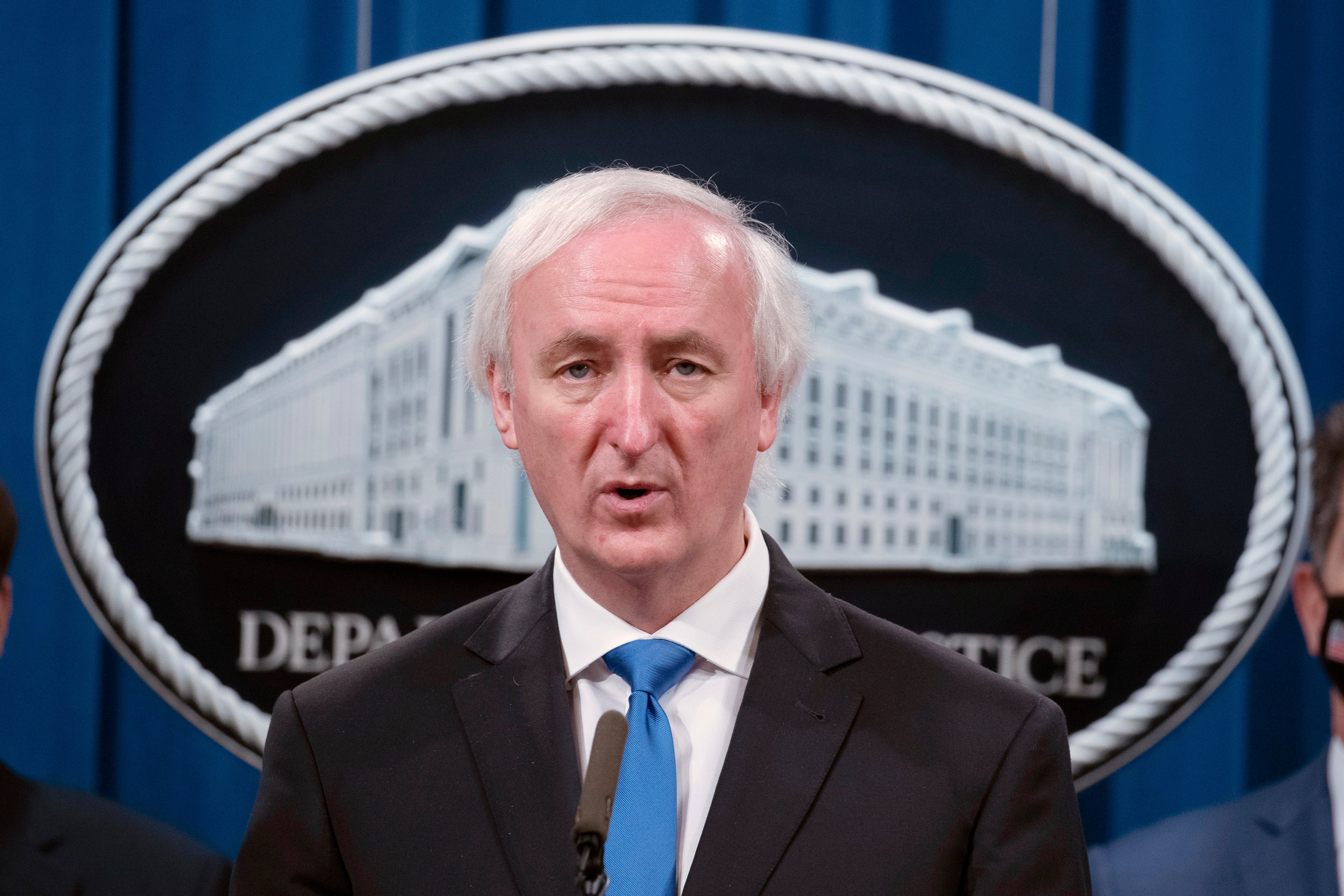 <p>Former acting Attorney General Jeffrey Rosen speaks at a news conference.</p>