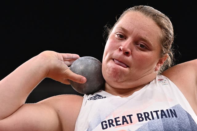 <p>Britain's Sophie McKinna competes in the women's shot put qualification during the Tokyo 2020 Olympic Games at the Olympic Stadium in Tokyo on July 30, 2021</p>