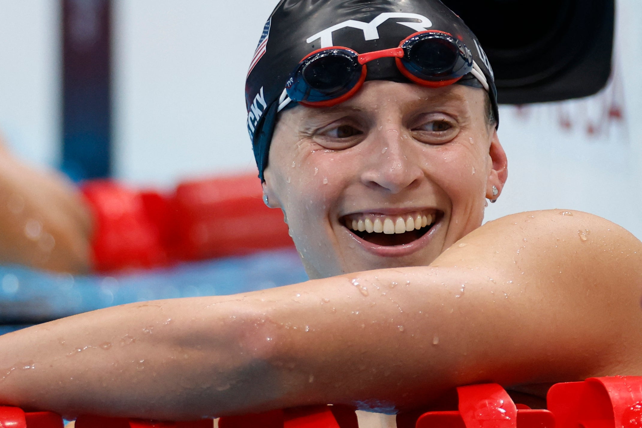 USA's Katie Ledecky reacts after winning gold in the final of the women's 800m freestyle swimming event during the Tokyo 2020 Olympic Games at the Tokyo Aquatics Centre in Tokyo on July 31, 2021.