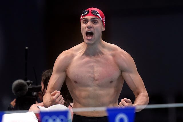Great Britain’s James Guy celebrates the gold medal in the mixed medley relay final (Adam Davy/PA)