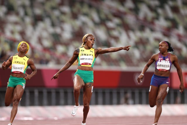 <p>Elaine Thompson-Herah of Team Jamaica wins the women’s 100m final</p>