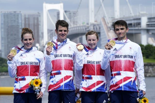 Jessica Learmonth, Jonathan Brownlee, Georgia Taylor-Brown and Alex Yee won the triathlon mixed relay (Danny Lawson/PA)