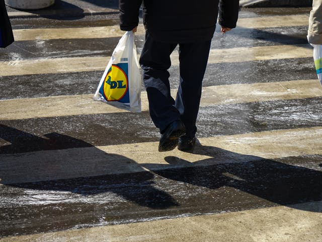 <p>A person carrying a Lidl shopping bag</p>