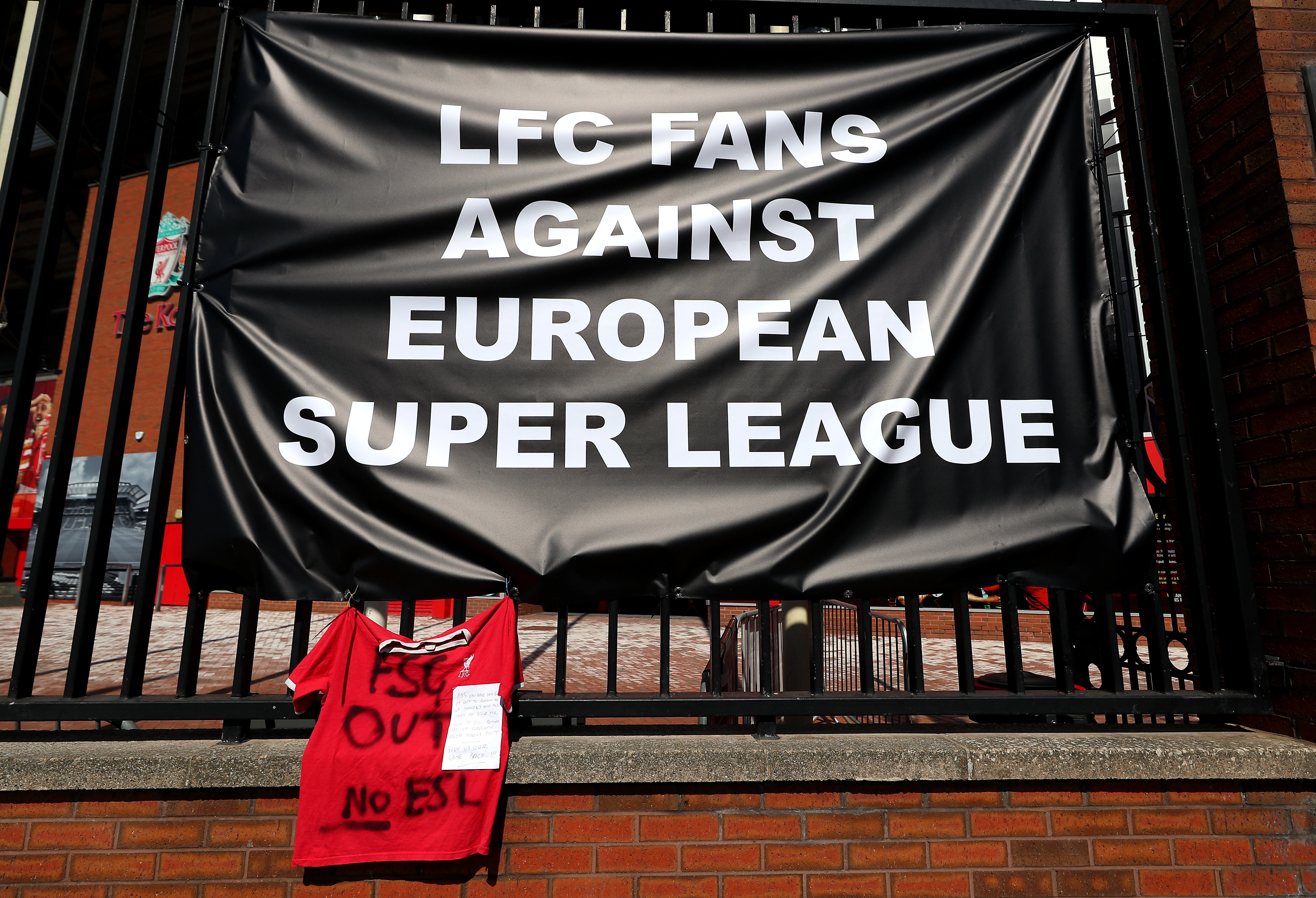 Banners protesting against the Super League were placed outside Anfield after Liverpool announced in April they were founder members of the new competition, a decision they quickly reversed (Peter Byrne/PA)