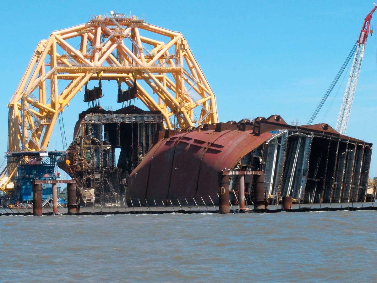 Another section of overturned shipwreck separated