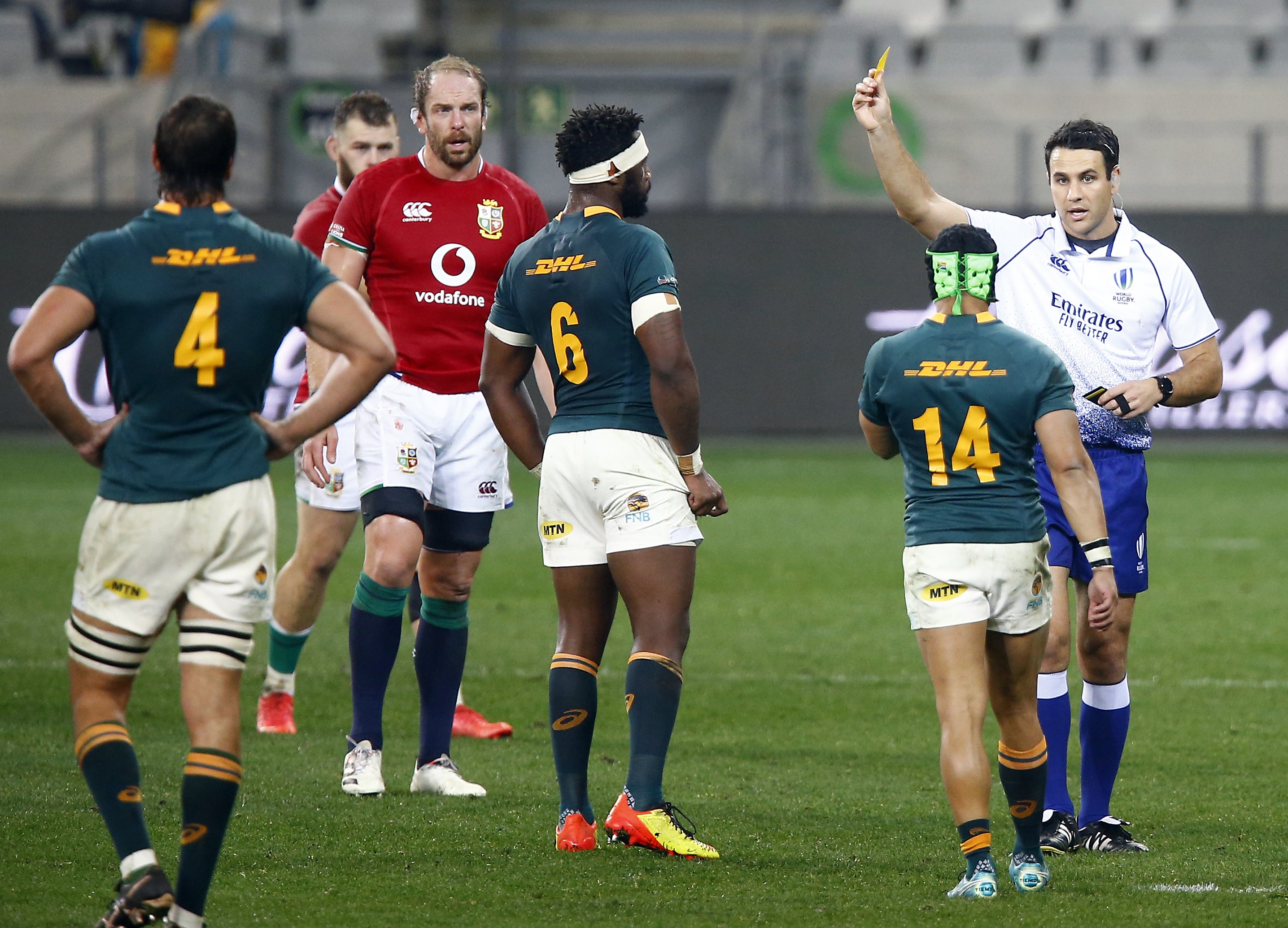 Referee Ben O’Keeffe showing South African Cheslin Kolbe the yellow card on Saturday (Steve Haag/PA)