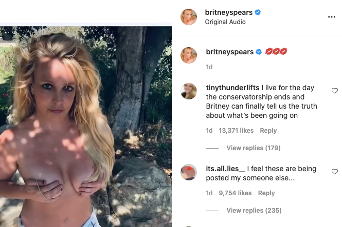 Britney Spears shared yet another topless selfie on her Instagram page