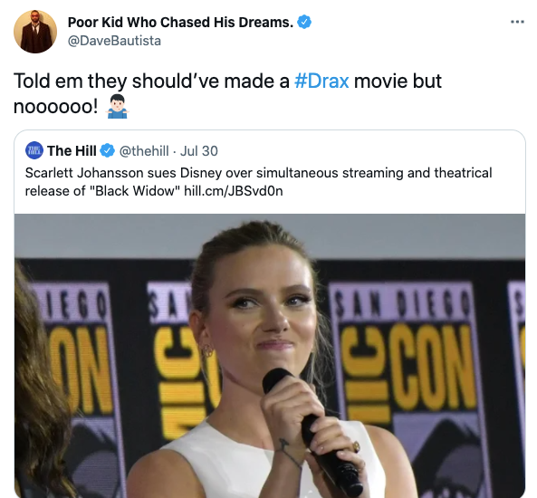 Dave Bautista Weighs In on Scarlett Johansson's Disney Battle With Drax  Movie Mention
