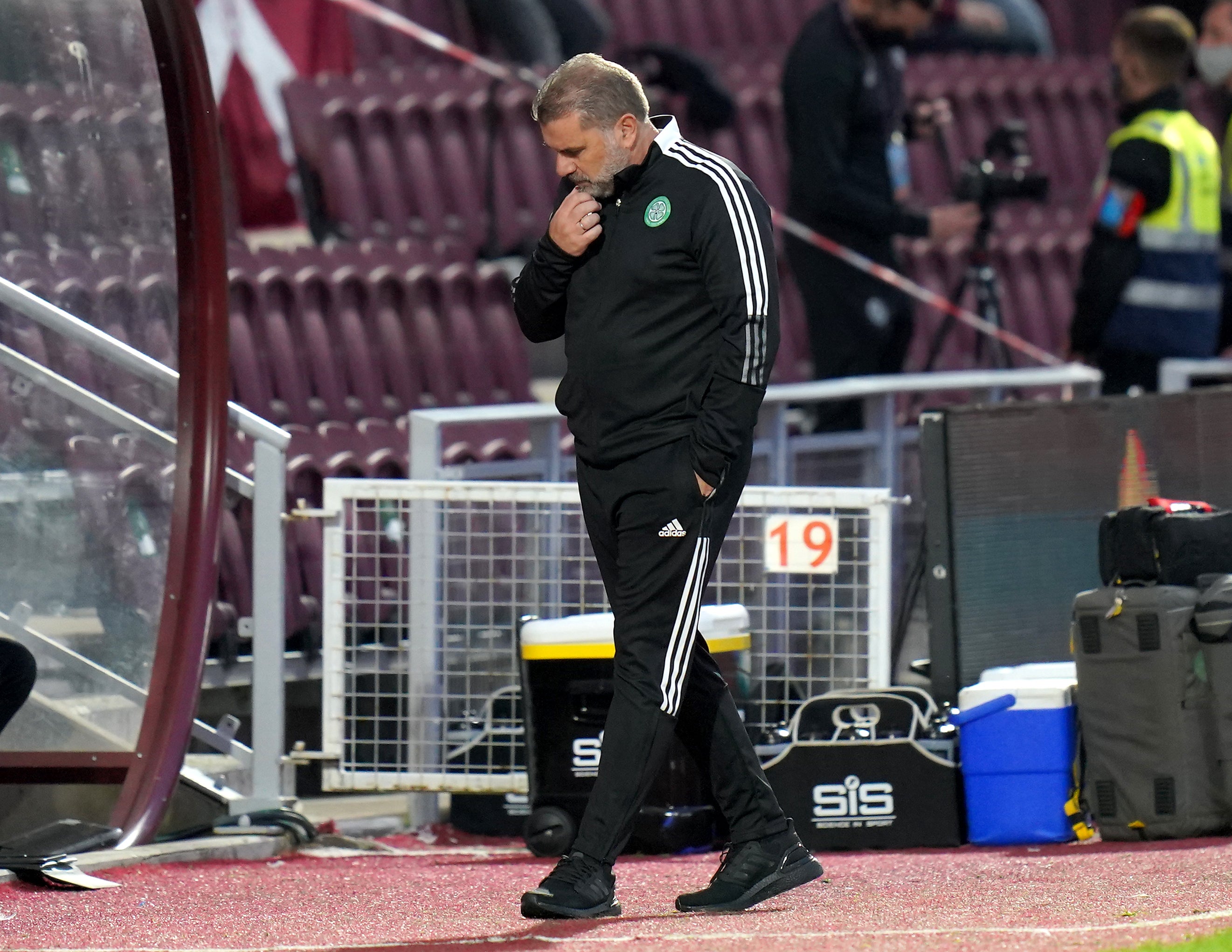 Celtic manager Ange Postecoglou looks frustrated after falling to a 2-1 defeat to Hearts in their cinch Premiership opener (Jane Barlow/PA)