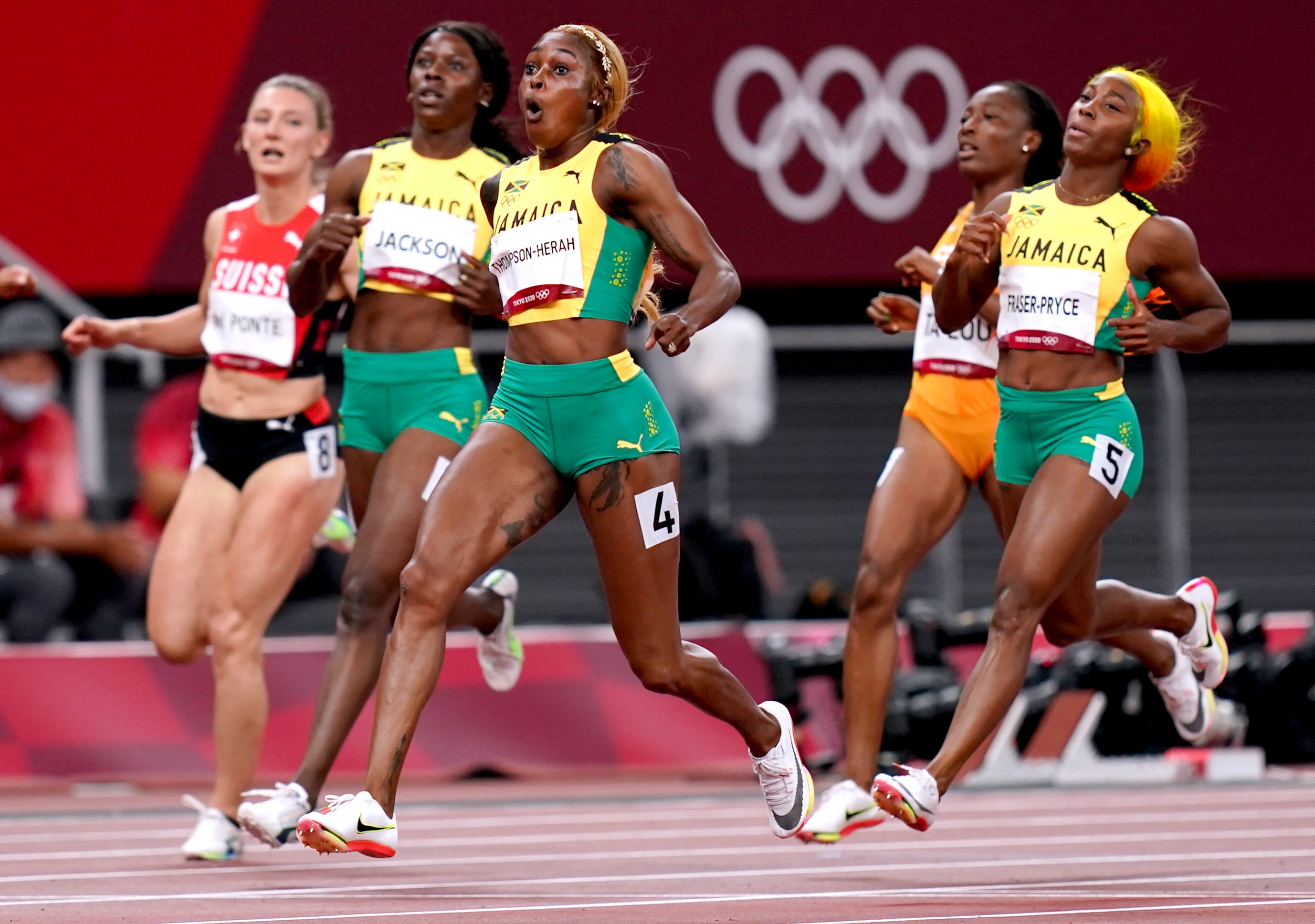 Jamaica enjoyed a clean sweep in the women’s 100m final as Elaine Thompson-Herah, centre, took gold (Joe Giddens/PA)