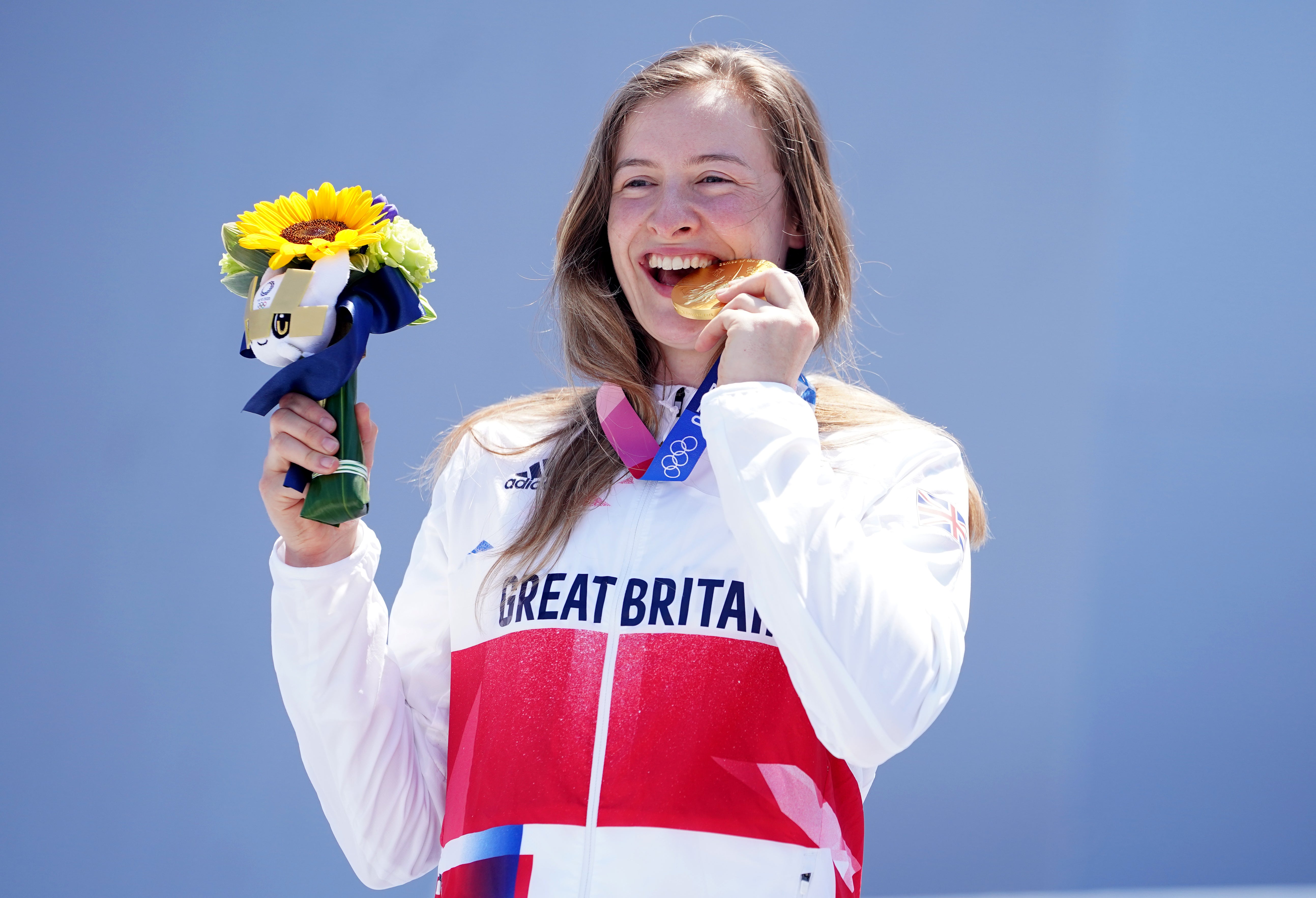 Charlotte Worthington celebrates her gold medal in the women’s BMX freestyle (Mike Egerton/PA)