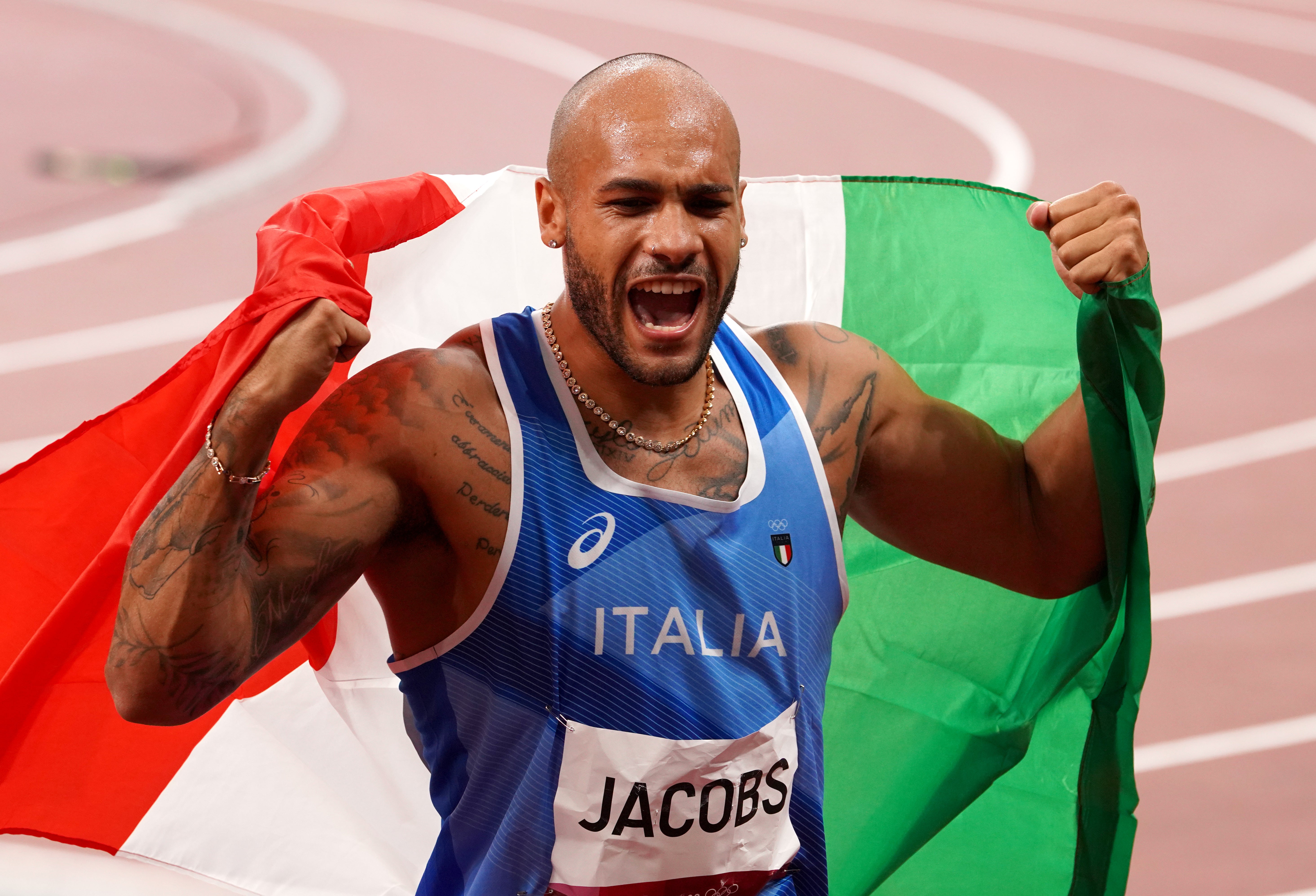 The men’s 100m was won by Italy’s Lamont Marcell Jacobs (Martin Rickett/PA)