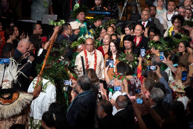 <p>New Zealand Prime Minister Jacinda Ardern, center right, takes part in a ceremony in Auckland, Sunday, 1 August 2021, to formally apologise for a racially charged part of the nation's history known as the Dawn Raids</p>
