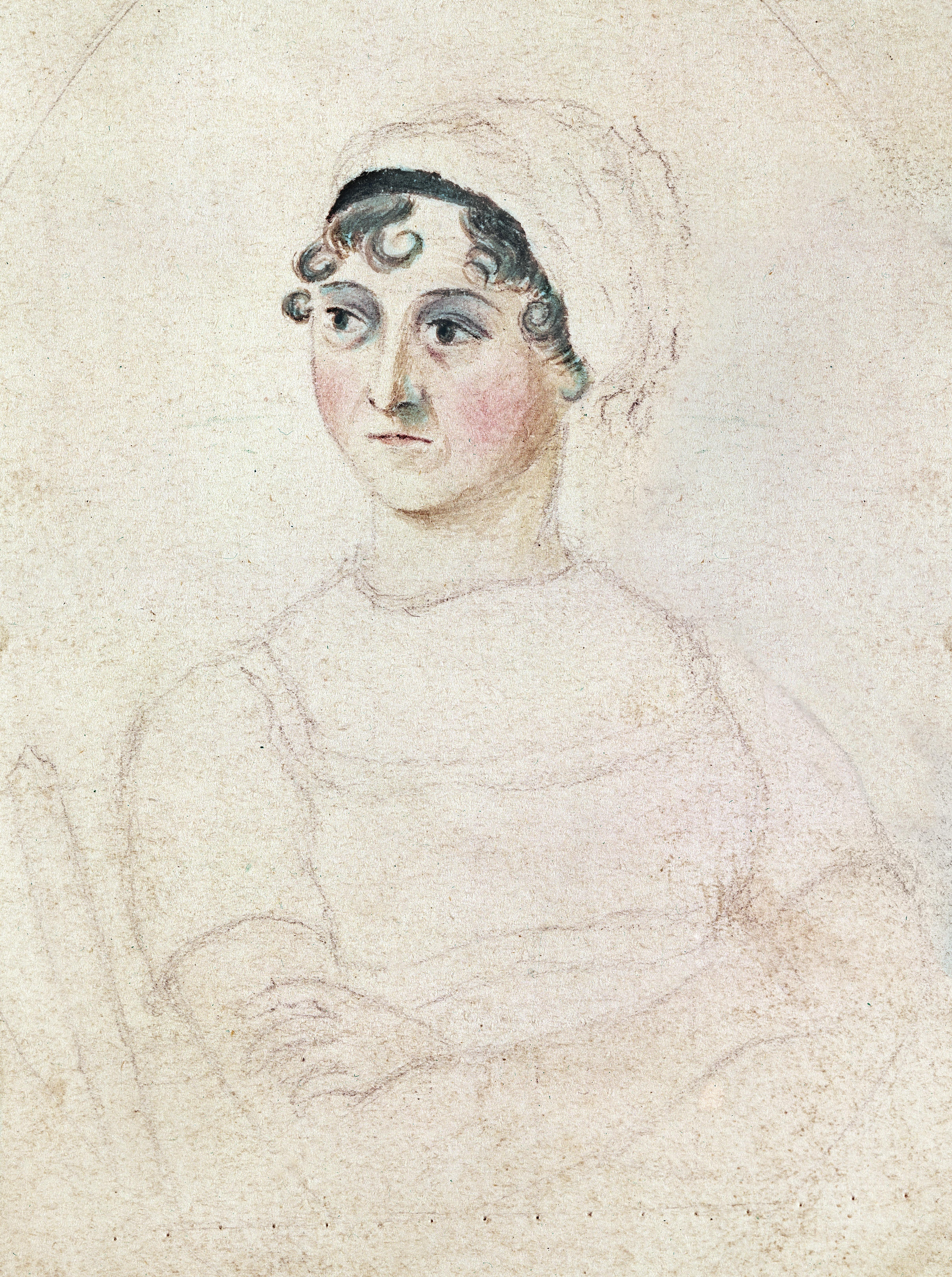 The pencil and water-colour sketch of Jane Austen by her sister, Cassandra