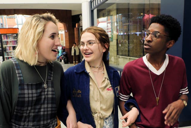 <p>Mall wonder: Harley Quinn Smith, Chiara Aurelia and Allius Barnes in ‘Cruel Summer’</p>