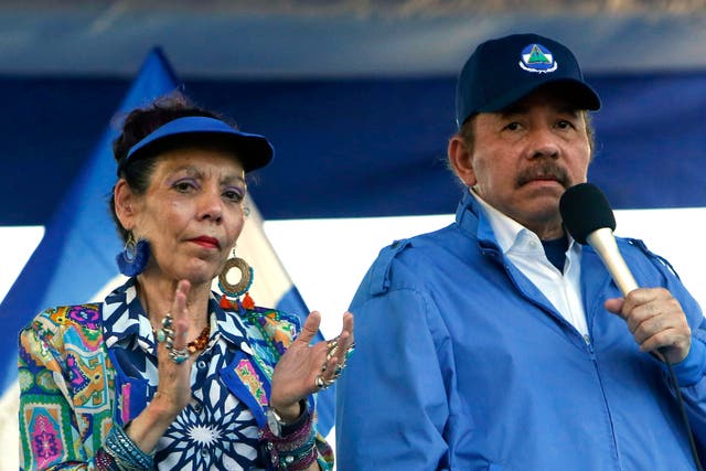 <p>Nicaragua's president Daniel Ortega and his wife, vice-president Rosario Murillo, lead a rally in Managua</p>
