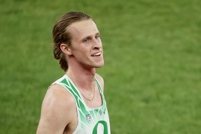 <p>Cole Hocker reacts after winning the United States Olympic Trials</p>
